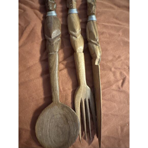 Kenya Hand-Carved Wood Utensils • Knife, Fork & Spoon • Vintage African 8" - Picture 5 of 8